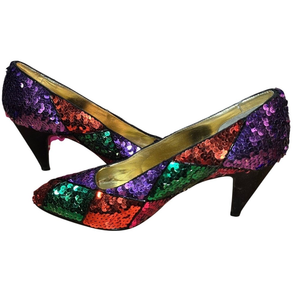 Vintage IMPO Harlequin Bright MultiColor Women Size 7.5B Sequins‎ 3.5" heel